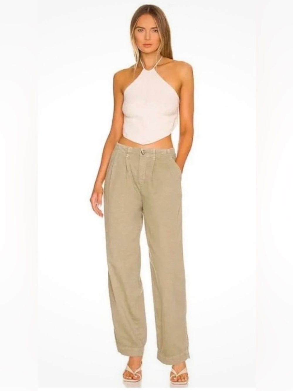 Free People Khaki Pleated Baggy High-Rise Trousers